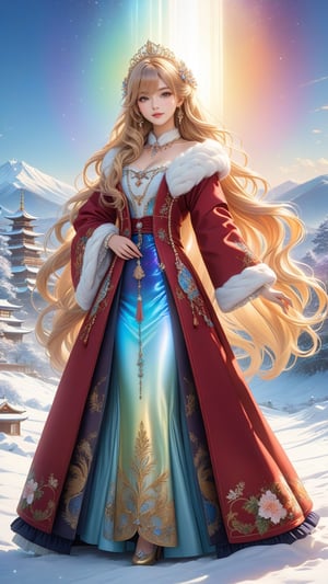 best quality, masterpiece,	smiling
Amidst the winter wonderland of Japen, a beautiful girl with very long wavy blonde hair stands out against the snow-covered landscape, embodying the elegance of Rococo style. Her attire, a harmonious blend of the latest fashion trends and traditional Russian elements, dazzles with ornate jewelry that sparkles like the icy terrain around her. This enchanting scene, set against the backdrop of a quintessential Japen setting, showcases her as a modern-day princess, bridging the gap between the opulence of the past and the chic style of the present.
ultra realistic illustration, siena natural ratio, ultra hd, realistic, vivid colors, highly detailed, UHD drawing, perfect composition, ultra hd, 8k, he has an inner glow, stunning, something that even doesn't exist, mythical being, energy, molecular, textures, iridescent and luminescent scales, breathtaking beauty, pure perfection, divine presence, unforgettable, impressive, breathtaking beauty, Volumetric light, auras, rays, vivid colors reflects.,science fiction,photo r3al,Ye11owst0ne,DonMM1y4XL,Masterpiece,koh_yunjung,xxmix_girl,Extremely Realistic
