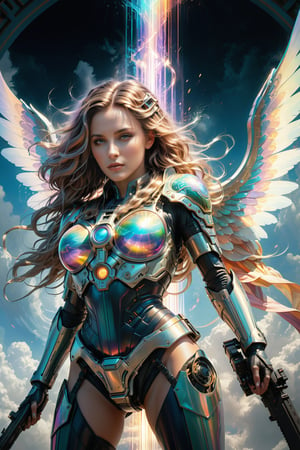 (Archangel Gabriela), (armed with a realistic heavy machinegun:1.2), descending from the skies, 8k, concept art by Greg Rutkowski, Artgerm, WLOP, Alphonse Mucha, dynamic lighting, hyperdetailed, intricately detailed Splash art, triadic colors, Unreal Engine 5, volumetric lighting Canaletto photorealism movie poster, stunning, something that even doesn't exist, mythical being, energised, molecular textures, iridescent and luminescent scales, breathtaking beauty, pure perfection, divine presence, unforgettable, impressive, Volumetric light, auras, rays, vivid colors, reflects. ,
