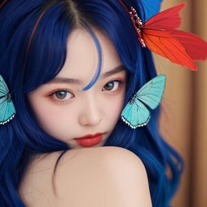 ((RAW photo)), high detailed skin, (high detailed skin:1.2),  high quality, film grain, Fujifilm XT3, realistic,real person, (color photo),color, jananese,Detailedface ,cute ,a girl ,20 years old,blue hair,red butterfly hair clip