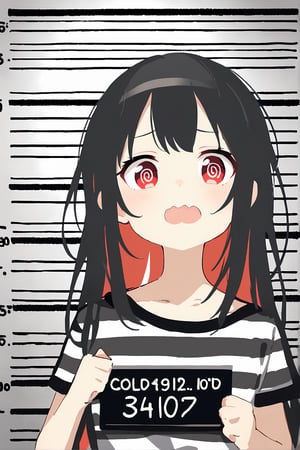 quality, masterpiece, detailed,best quality ,1girl,solo, (loli:1.3), long hair,  (black hair:1.2),(red hair1.1),(colored inner hair:1.3), long sidelocks, (red eyes:1.3), wavy_mouth, (prisoner:1.2),(black and white striped, prison clothes:1.4),shorts,@_@, upper_body, straight-on , close_up portrait,(mugshot in jail:1.4), indoor ,emo
