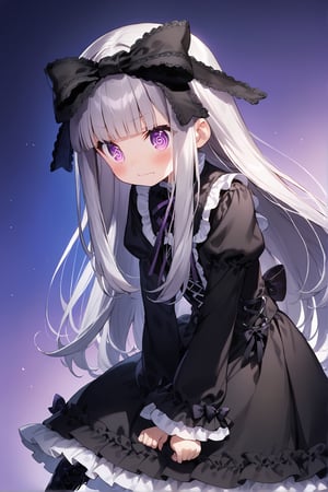 expressive, Illustration, detailed, aesthetic, Official Art, 1girl, (loli:1.0), solo, closed mouth, (gothic Lolita, purple, black), wearing a large ribbon on her head, silver hair, long_hair, (sidelocks:1.5), (straight bangs: 1.5), lilac eyes, depth of field, dynamic hair,  black lace-up boots,  striking playful pose,@_@, spiral_eyes, wavy_mouth