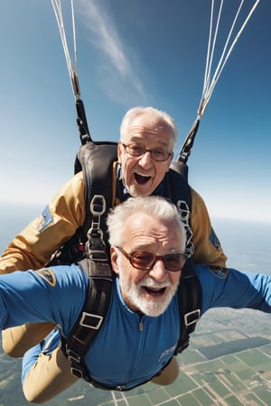 hyper-realistic, raw, photo-realism, 16K definition, a Grandfather doing a tandem skydive for the first time, old man enjoying the parachute jump