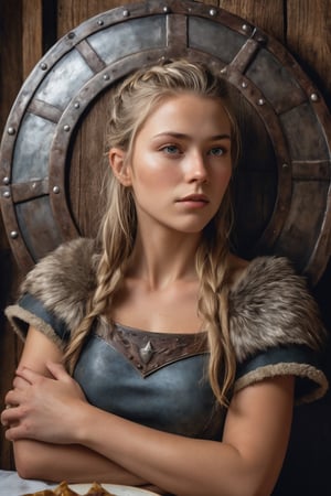 hyper-realistic, raw, photo-realism, 16K definition, Viking shield lady, striking beauty, leans against the wall, one hand raised above her head, her face shows her in the throes of ecstasy, Setting is a Viking long house with long dinner tables, and leftover food