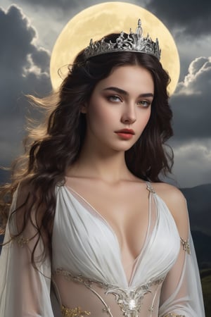 hyper-realistic, raw, photo-realism, 16K definition, Morgana La Fay, a beautiful and young temptress, black magic practioner, long wavy hair, wearing a silver tiara, sheer long white gown with gold trimmings, rode on a cloud, crossing the valley below, ominous sky, yellow full moon