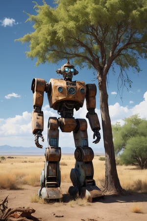 hyper-realistic, raw, photo-realism, 16K definition,  old, rusting,  15 foot tall Robot standing beside a lone wide shade tree situated in the dip point of green valley, clear blue skies, cumulus clouds, robot looking melancholic, POV from 20 feet away from the subject