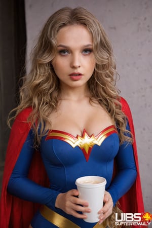 Prompt: ((best quality)), ((masterpiece,1.4)) ((realism)), 1.7m Russian model, perfect face, early 20's. dark blonde hair, wavy hair, full lips, 34B cup breasts, is wearing aRussian superhero costume in a cosplay event