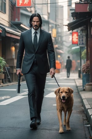 hyper-realistic, raw, photo-realism, 16K definition, John Wick and his pet dog is walking the streets of Japan, in Ghibli animation style