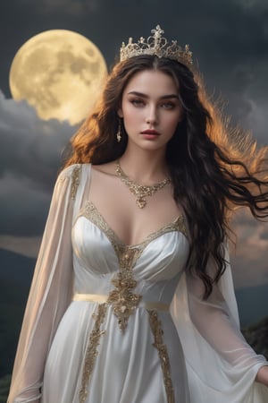 hyper-realistic, raw, photo-realism, 16K definition, Morgana La Fay, a beautiful and young temptress, black magic practioner, long wavy hair, wearing a silver tiara, sheer long white gown with gold trimmings, rode on a cloud, crossing the valley below, ominous sky, yellow full moon