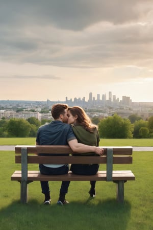 hyper-realistic, raw, photo-realism, 16K definition, a couple, male and female in their 20's  sitting on a bench, in the park, wide green field, city scapes in the horizon, man has his arms over her shoulders as they kissed