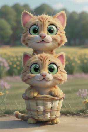 small yellow cat, cute, furry, green eyes, outdoors, blurry flowery field, :3, animal, realistic, basket, whiskers, wire, wire ball, being carried by a cute child, Disney style