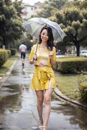 1girl, solo, looking at viewer, smile, skirt, shirt, black hair, bow, standing, short sleeves, outdoors, day, tree, yellow shirt, photo background,walking in rain ,wet shirt ,hold umbrella