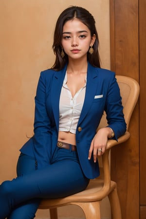 lovely  cute  young  attractive  indian  teenage  girl  in office blue suit  ,  23  years  old  ,  cute  ,  an  Instagram  model  ,  long  blonde_hair  ,  colorful  hair   , sitting on the chair „  Indian 