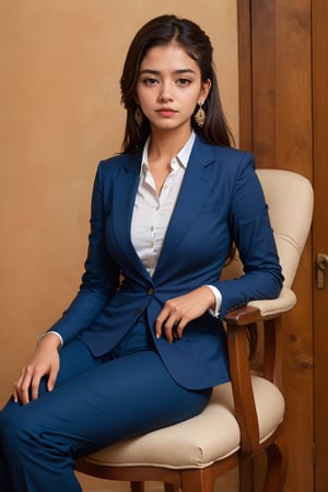 lovely  cute  young  attractive  indian  teenage  girl  in office blue suit  ,  23  years  old  ,  cute  ,  an  Instagram  model  ,  long  blonde_hair  ,  colorful  hair   , sitting on the chair „  Pakistani