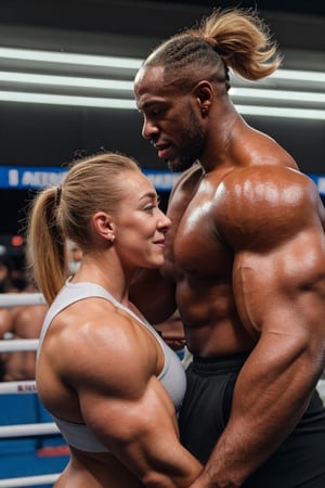 2girls, PHOTO, Candid mobile phone snapshot photo of a heavily muscled iffb pro female bodybuilder ordering at a fight, 24  year old Charlotte Church vs 28 year old Sydney Sweeney,photorealistic