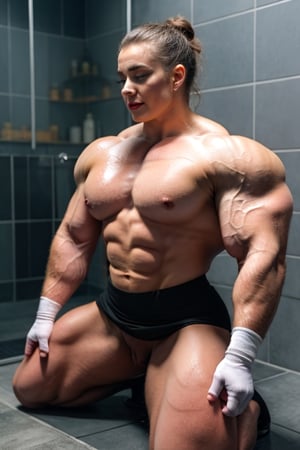 A heavily muscled iffb pro female bodybuilder 
masterpiece, best quality, 1girl, skirt suit, (((three piece suit))), suit, necktie, waistcoat, bodycon skirt, makeup, tie clip, white gloves, kneeling, submissive, begging, aroused, biting lip, in shower, under running water, soaked, dripping, wet clothing, wet skin, wet hair, running makeup