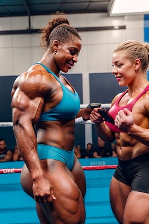 2girls, PHOTO, Candid mobile phone snapshot photo of a heavily muscled iffb pro female bodybuilder ordering at a fight, 24  year old short stocky Charlotte Church vs 28 year old short stocky Sydney Sweeney,photorealistic