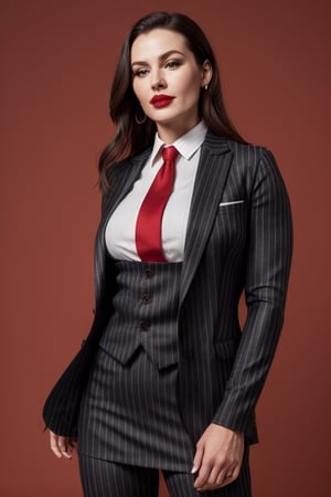 A heavily muscled iffb pro female bodybuilder, (absurdres, highres, ultra detailed), masterpiece, long hair, brown eyes, 1girl, skirt suit, leather business suit, ((three-piece suit)), black pinstripe suit, ((waistcoat)), red shirt, red necktie, bodycon skirt, miniskirt, closed mouth, standing, (((detailed lips))), ((realistic skin)), glowing skin, ((glossy red lips)), portrait, beautiful, normal skin, (luxary corner office background:1.2)