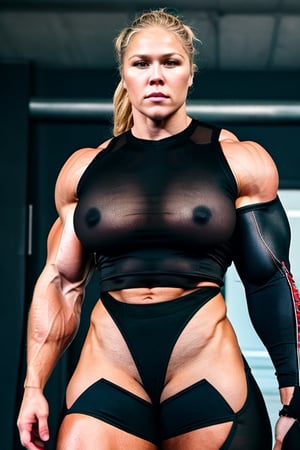  WELSH GIRL,  SWEDISH GIRL, , A heavily muscled iffb pro female bodybuilde ronda rousey, extremely large woman, enormous muscles,.humongous chest, exaggerated huge muscles, enormous chest, wearing a black translucent shirt, tight black silk trousers, stilettos.,Masterpiece,broken_clothes