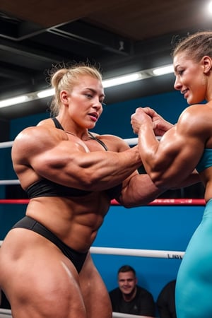 Flexing all their muscles,    2girls, PHOTO, Candid mobile phone snapshot photo of a heavily muscled iffb pro female bodybuilder ordering at a fight, 24  year old short stocky Charlotte Church vs 28 year old short stocky Sydney Sweeney,photorealistic