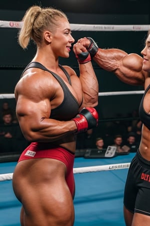 2girls, PHOTO, Candid mobile phone snapshot photo of a heavily muscled iffb pro female bodybuilder ordering at a fight, 24  year old Charlotte Church vs 28 year old Sydney Sweeney,photorealistic