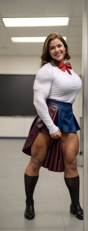Resident evil, Viewed from below, dtamatic lighting, Ms Olympia giant nicole bass, Ronda Rousey, photoshoot studio quality lighting, heavily muscled iffb pro female bodybuilder, humongous muscular chest,((school uniforms:1.4)) ( ((high school)),((white shirt)), ((red tie)), ((dark blue leather skirt:1.3)) ((in the class room:1.3)) ((thin_fabric:1.4)) (random pose:1.3)) ((sweaty:1.5))((face is flushed:1.4)) ((big muscles:1.4)) ((close-up:1.2)) best quality,masterpiece,ultra high res,(photorealistic:1.4),raw photo,(Authentic skin texture:1.3),(film grain:1.3),panorama,character portrait,very wide shot,narrow waist,cowboy shot,(in the dark, deep shadow, low key, cold light,) night,streaming tears,,dust,Tyndall effect,(expression),beautiful detailed eyes and face,white jabot,brown eyes,((brown hair:1.2)) ((full body:1.3)) ((smile:1.3)),photorealistic