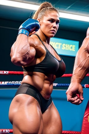 Flexing all their muscles, contracting their muscles,  muscle contraction  ,2girls, PHOTO, Candid mobile phone snapshot photo of a heavily muscled iffb pro female bodybuilder ordering at a fight, 24  year old short stocky Ronda Rousey,,photorealistic