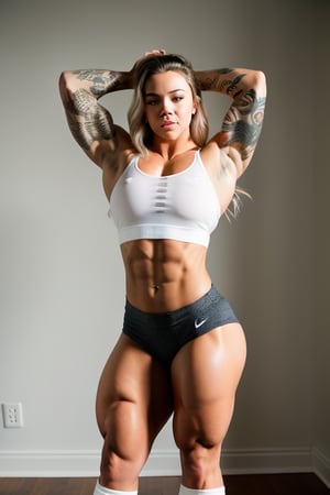  Covered in tattoos,   22 year old Sydney Sweeney, Generate a full length fashion portrait of a heavily muscled iff pro female bodybuilder , her makeup, hair, she is dressed in an unbuttoned translucent stretchyundersized lycra shirt, tight pencil skirt with a sie split, white knee high socks, lighting, environment 