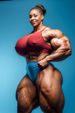 Generate a full length fashion portrait of a heavily muscled iff pro female bodybuilder, huge muscular pecs, her makeup, hair, she is dressed in very tight rubber skirt, , a tight blouse made from balloon material, wearing a school uniform, elegance, lighting, in a ice hotel environment, feminine and muscular, exaggerated muscle physique, bodybuilding woman, very beautiful. big muscles, muscular girl, massive muscles, bulging muscles, muscled, large muscles, bodybuilder body, muscular ultraviolent woman, huge muscles, muscular bodies, exaggerated physique, extreme muscles, big muscles