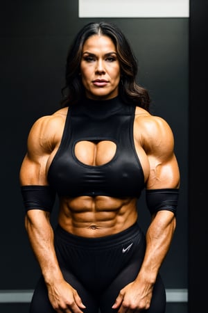 Velma, valerie adams, nicole bass, maria Grazia Cucinotta, A heavily muscled iffb pro female bodybuilde ronda rousey, extremely large woman, enormous muscles,.humongous chest, exaggerated huge muscles, enormous chest, wearing a black translucent shirt, tight black silk trousers, stilettos.,Masterpiece