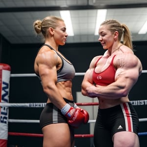2girls, PHOTO, Candid mobile phone snapshot photo of a heavily muscled iffb pro female bodybuilder ordering at a fight, 22 year old Charlotte Church vs 22 year old Sydney Sweeney,photorealistic