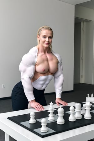 Swedish girl, ,  A  heavily muscled iffb pro female bodybuilder physique model, wearing a white business suit, playing chess, the chess board is white with white chess pieces , ser in a white room, the chess board is a human size board set on the ground.
