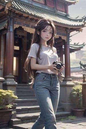 A beautiful girl with long  brown hair and brown eyes, wearing casual jeans and a white T-shirt, holding a camera, wandered around the Chinese palace, capturing the beauty and sacredness of ancient buildings.,cultivation tank