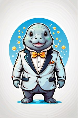 Logo business white clean background , manatee dressed in a tuxedo attending a underwater gala. cartoon  , pro vector, high detail, t-shirt design, grafitti, vibrant, t-shirt less, best quality, wallpaper art, UHD, centered image, MSchiffer art, ((flat colors)), (cel-shading style) very bold neon colors, ((high saturation)) ink lines, clean white background environment
