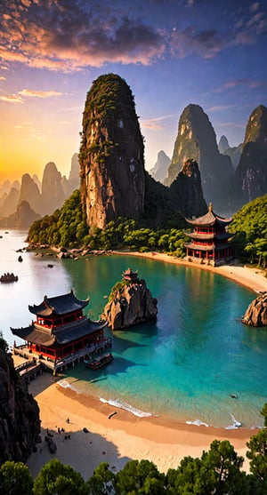 scenery art, | island scenery, china mountains, temple, beach, sunset,smoky,sharp,basalt,
