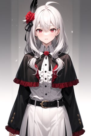 1girl, solo, long hair, looking at viewer, bangs, skirt, simple background, shirt, hair ornament, red eyes, long sleeves, white background, ribbon, hair between eyes, jewelry, closed mouth, jacket, flower, ahoge, grey hair, cowboy shot, earrings, frills, belt, hair flower, grey background, mole, black jacket, gradient, gradient background, mole under eye, black ribbon, neck ribbon, capelet, rose, expressionless, feathers, brooch, red flower, gem, red rose, arms at sides, feather hair ornament, black capelet, red gemstone