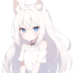 {{{masterpiece}}}, {{{best quality}}}, {{ultra-detailed}}, {beautiful detailed eyes},1girl, solo,  ((white hair)), very long hair, blue eyes, (straight hair), (bangs), animal ears, (stoat ears:1.2), Choker, ahoge, fangs, (big stoat Tail:1.2), (X hairpin), (White sleeveless collared dress, blue chest bow), (black hooded oversized jacket:1.2), (Off the shoulders), (glasses), (smug smile), (with one's arms folded), upper body,chibi emote style,chibi,emote,aesthetic