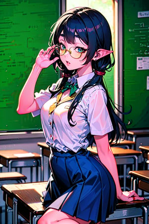 1girl, seifuku, tight, school girl, classroom, long skirt, glasses,frieren
