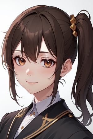 (8k,masterpiece, best quality, highres), 1girl,long hair,(side ponytail:1.2) , brown hair,brown eyes, big smile,(closed mouth:1.1) ,delicated eyes, delicated face,hair accessories,focus,portrait, 