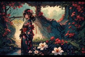 1girl, solo, long hair, black hair, hair ornament, gloves, very long hair, weapon, flower, japanese clothes, sword, hair flower, kimono, sash, obi, floral print, katana, absurdly long hair, eastern, official art, unity 8k wallpaper, ultra detailed, beautiful and aesthetic, beautiful, masterpiece, best quality, fantasy, tassels, (Pencil_Sketch:1.2,incredibly absurdres