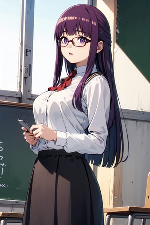 1girl, seifuku, tight, school girl, classroom, long skirt, glasses,