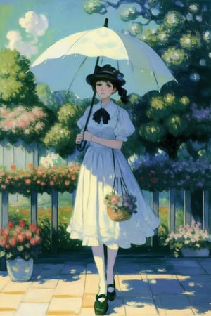 painting of a woman in a white dress holding a green umbrella, standing with a parasol, monet painting, monet painted, by claude monet, by Claude Monet, charles monet, style of monet, claude monet), by Monet, an impressionist painting, by Blanche Hoschedé Monet, calude monet style, style of claude monet, monet. stunning lighting,