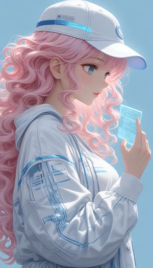 a beautiful girl wearing white and blue fashionable clothes. She has long white curly hair and a strand of pink hair. She is wearing a baseball cap and holding a holographic projection in her hand,side view,light blue background,highly detailed,ultra high resolution,32K UHD,best quality,masterpiece,