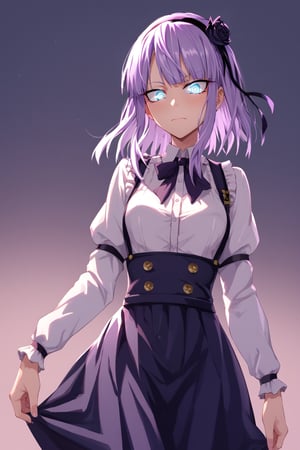 ((Score_9, Score_8_up, Score_7_up, BREAK source_anime, best quality, masterpiece, 4k, perfect lighting, specific rating, very aesthetic,)1girl dagashi_kashi closed_mouth long_hair looking_at_viewer Hotaru_Shidare_(dagashi_kashi) purple_hair ringed_eyes solo straight_hair blue_eyes, full body, more detail XL