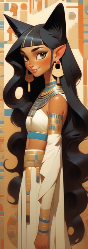 (by Loish, Leyendecker, James Gilleard), perfect anatomy, a beautiful catgirl 'meow' in Ancient Egypt, circa 1st century BCE, (long black hair, (cat ears), freckles:1.2), smiling, fun, playful, extremely detailed, More Detail XL,