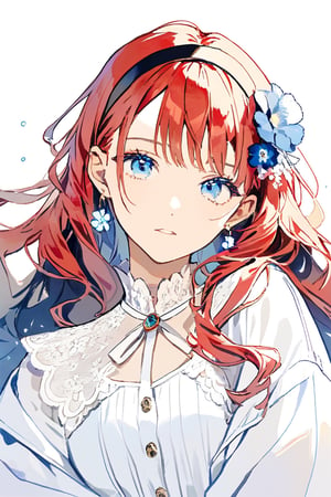 1girl, solo, long hair, , looking at viewer, bangs, blue eyes, red hair, simple background, shirt,, white background,white ribbon, jewelry, white shirt, upper body, flower, hairband, earrings, parted lips, hair flower, black hairband, white jacket, blue flower,female 