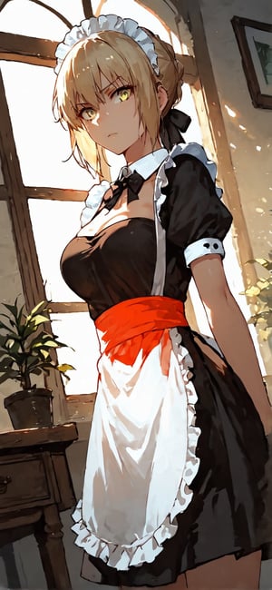score_9, score_8_up, score_7_up, score_6_up, score_5_up, score_4_up, BREAK source_anime, 1girl, clothed, saber alter, indoors, potted plant, window, sunlight, by kasumi \(skchkko\), looking at viewer, serious, dutch angle, (maid uniform:1.1), braid,Expressiveh