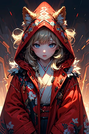 A girl with long blonde hair, fur hooded kimono, red hooded kimono, miniskirt, night streets. (Cinematic lighting, ethereal light, intricate details, extremely detailed, incredible details, full colored), complex details, hyper maximalist, masterpiece, best quality, HDR, UHD, unreal engine. head to thigh