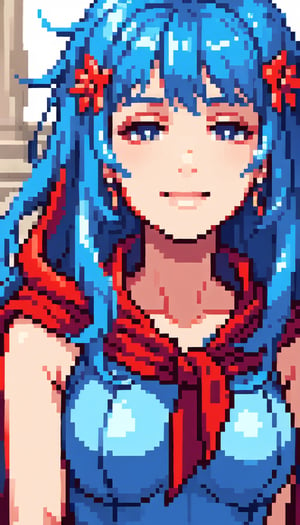 masterpiece, RAW,, ultra realistic, outdoors, ((blue hair)), (hair ornament), reah, long blue hair, looking at viewer, perfect face, see through top, stairs, facing viewer, photorealistic, blue glows, Science Fiction, sexy, 4K, 8k HD, Circle, high quality, Goddess, red scarf, red cloak, red hood dress, bracelet, realistic, gentle smile, happy,renaissance,1 girl,Pixel art