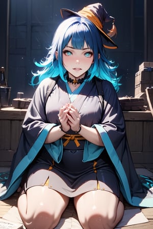 a Japanese witch girl,cyan fire hair, high quality, high resolution, high precision, realism, color correction, proper lighting settings, harmonious composition.