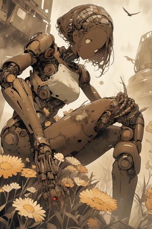 (absurdres, texture, ultimate detailed):1.3, flat illustration, faded oil painting, sepia color, (focus on knee), science fiction, gallant, disorder, rotten, ancient android girl with rust and flowers crawling all over its body, looking a bird on its palm curiously, mechanical arms and hands,
